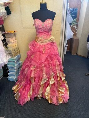Strapless Pink & Gold Ruffled Ball Gown Dress